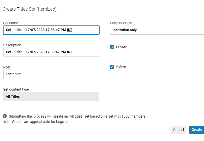 [“创建题名结果集”页面]