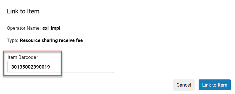 [[アイテムへのリンク] ダイアログ ボックスの [アイテム バーコード] フィールド。]