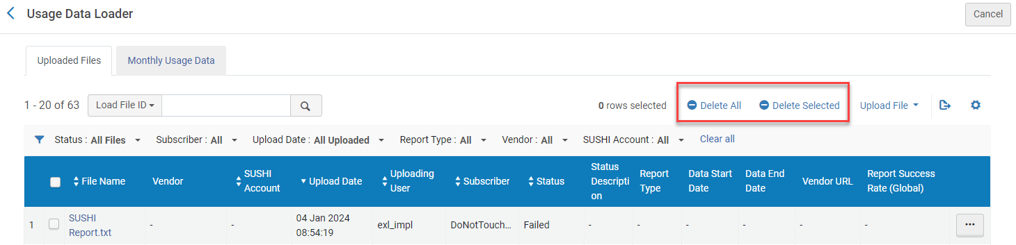 [使用状況データローダーページで強調表示された[すべて削除]および[選択した項目を削除]オプション。]