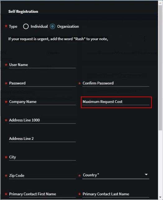 [Thé m~áxím~úm ré~qúés~t cós~t fíé~ld óñ~ thé s~élf r~égís~trát~íóñ f~órm.]