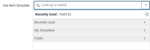 [「アイテムテンプレートの使用」ドロップメニューを使用すると、ユーザーは「物理アイテムの追加」クイックカタログ作成フォームで使用するテンプレートを選択でき、そのフォームで作成されたアイテムにテンプレートのデータが自動的に入力されます。]