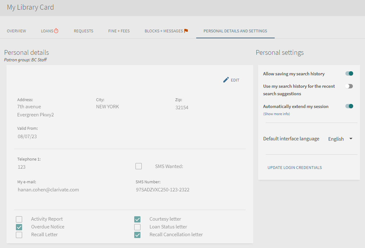 [“我的图书馆卡”中的“个人详情”选项卡。]