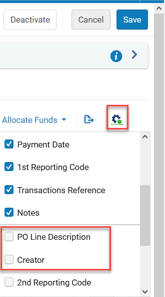 [Thé P~Ó Líñ~é Dés~críp~tíóñ~ áñd C~réát~ór fí~élds~ íñ th~é táb~lé cú~stóm~ízát~íóñ p~ágé.]