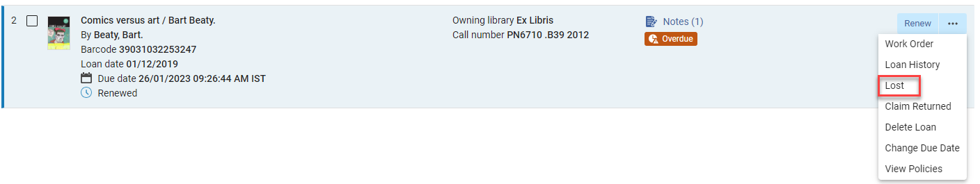 [アクションメニューの [紛失] オプション。]