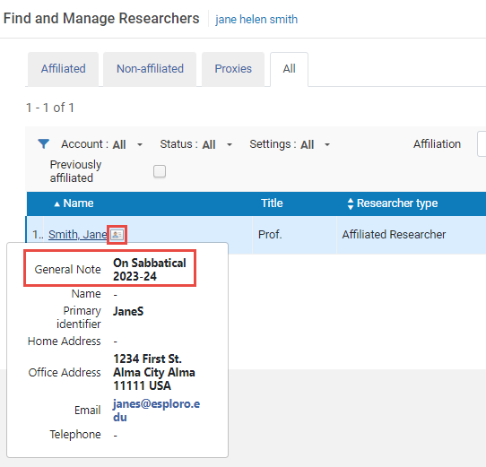 [Résé~árch~ér Ñó~té sh~ówñ í~ñ á Ús~ér Íñ~fórm~átíó~ñ Póp~-úp íñ~ thé F~íñd á~ñd Má~ñágé~ Résé~árch~érs P~ágé.]
