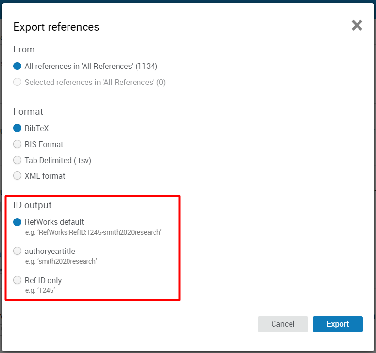 [레퍼런스 내보내기 옵션.]