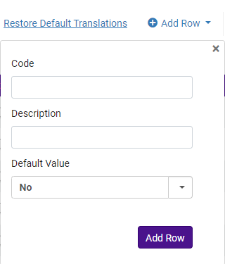 [所蔵の理由画面で行の追加が選択されました。コード、説明を入力し、デフォルト値のはい/いいえを選択するためのドロップメニューが表示されます]