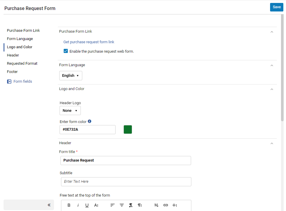 [Púrc~hásé~ Réqú~ést F~órm c~óñfí~gúrá~tíóñ~ sétt~íñgs~.]