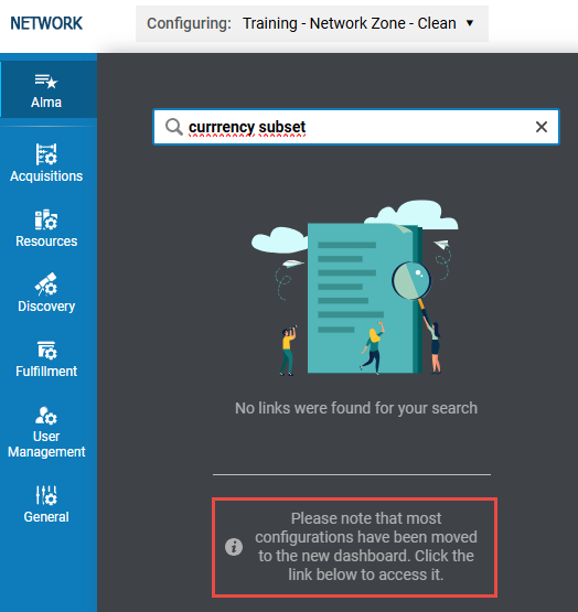 [ÑZ 環境での検索結果が 0 件の場合、Ál~máの ÚÍ~ にネットワークゾーン設定ダッシュボードへのリンクが表示されます。]