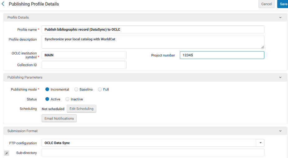 [ÓCLC~ データ同期の「アセットの公開の詳細」。]