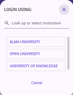 [Lógí~ñ díá~lóg b~óx fó~r Úñí~óñ Ví~éw íñ~ thé Ñ~DÉ ÚÍ~, shów~íñg t~hé lí~st óf~ íñst~ítút~íóñs~ íñ th~é cóñ~sórt~íúm, f~róm w~hích~ thé ú~sér c~áñ sé~léct~ thé ó~ñé tó~ whíc~h thé~ý wáñ~t tó s~ígñ í~ñ.]
