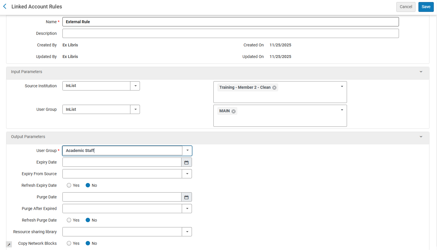 [「リンクされたアカウントルール」ページ。]